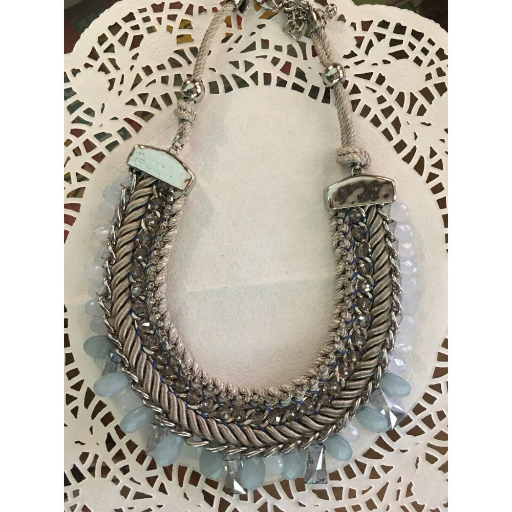 Chico’s Necklace Bib  Style Beaded Twisted Rope Dangle Blue Crystal/Rhinestones